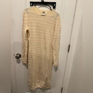Ribbed Stripe Crewneck Midi Dress White Neutral